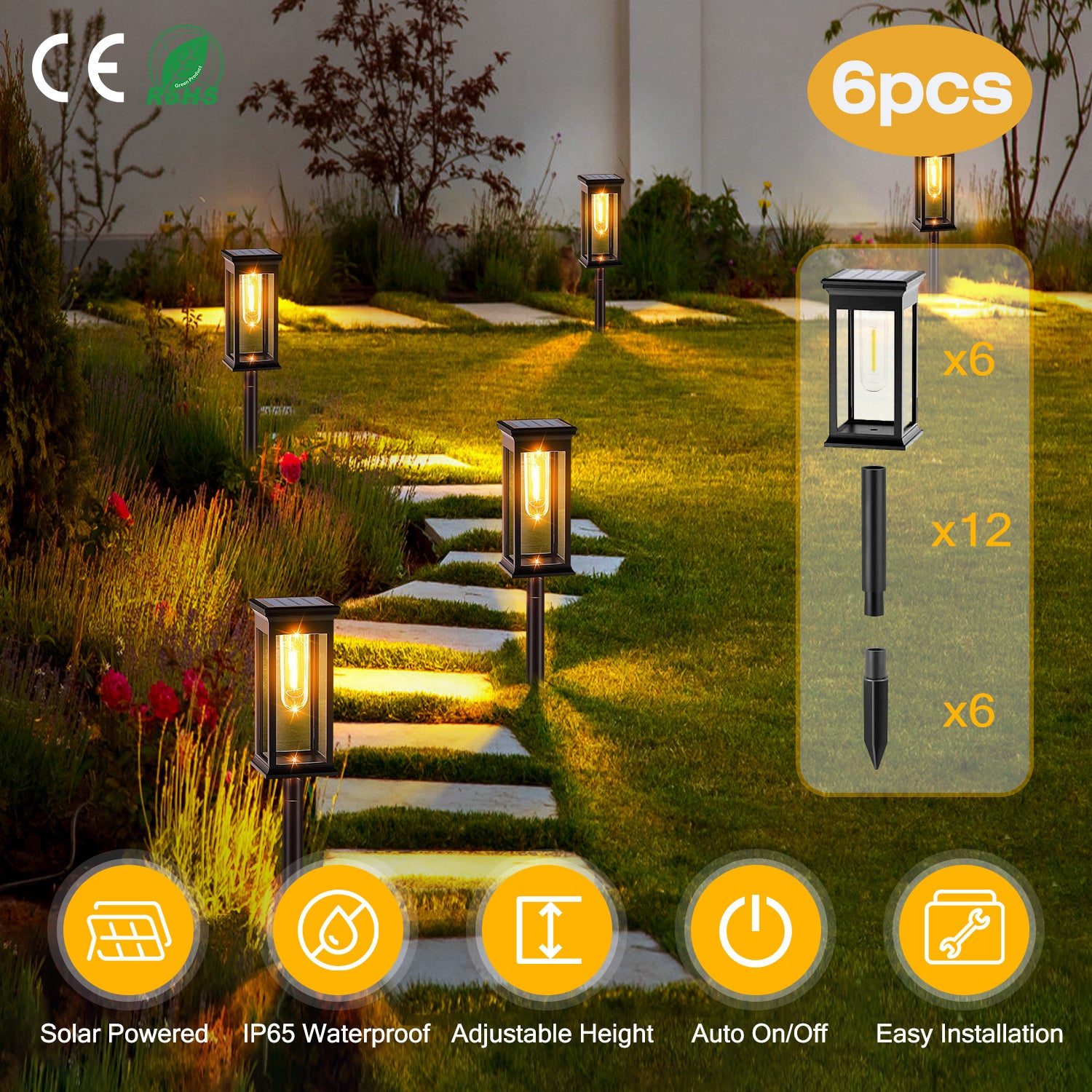 🌞 6-Pack Solar Powered Stake Lights – Waterproof Outdoor Decorative Garden Lamps (IP65, Auto On/Off)